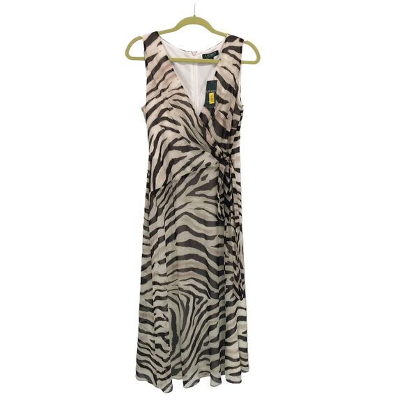 NEW Lauren Ralph Lauren Dress Size 6 Zebra Animal Print Sheer Midi Tie Waist - Picture 3 of 11